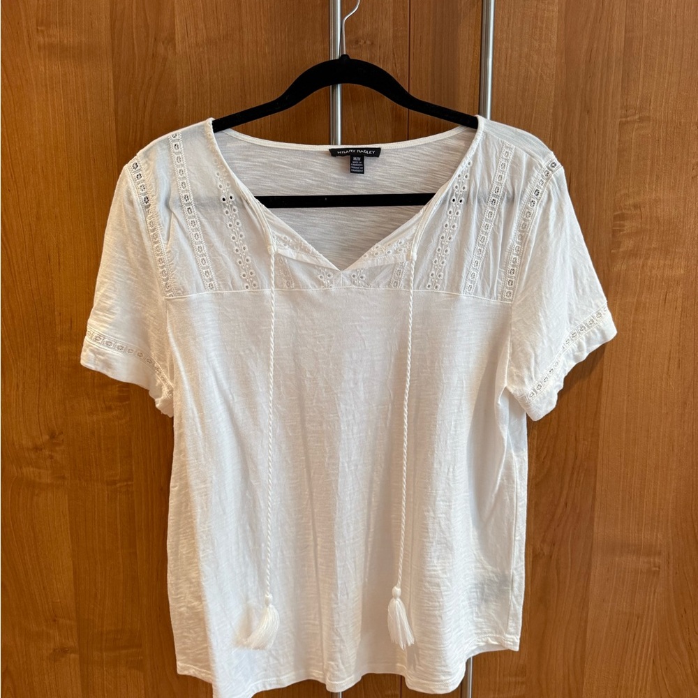 Hilary Radley White Boho Blouse with Lace & Tassel Ties Size M